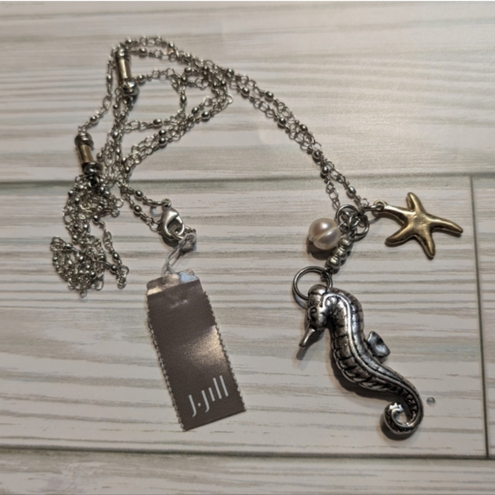 J. Jill SAND & SEA Charm Necklace with Seahorse Starfish & Faux Pearl 18" NWT